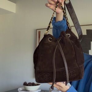 CHANEL Brown Suede Drawstring Bucket Crossbody with Gold-Tone Chain